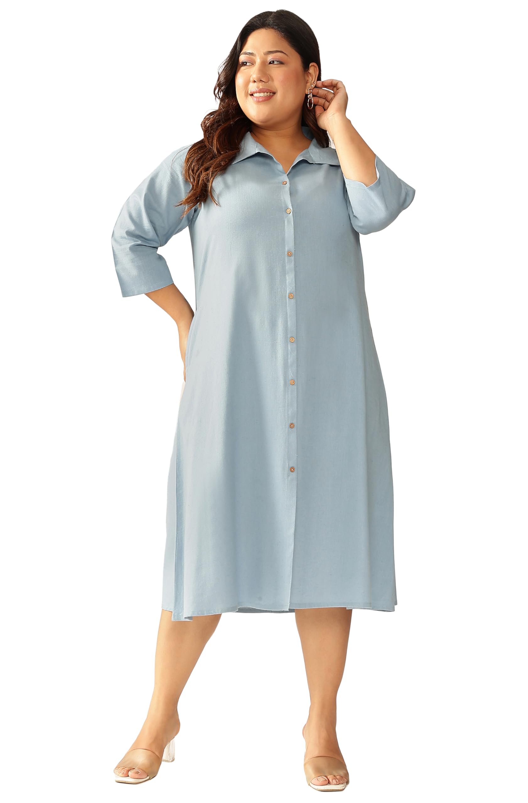 Janasya Women's Plus Size Light Blue Linen Cotton Solid Button Down Shirt Style A-line Dress in blue