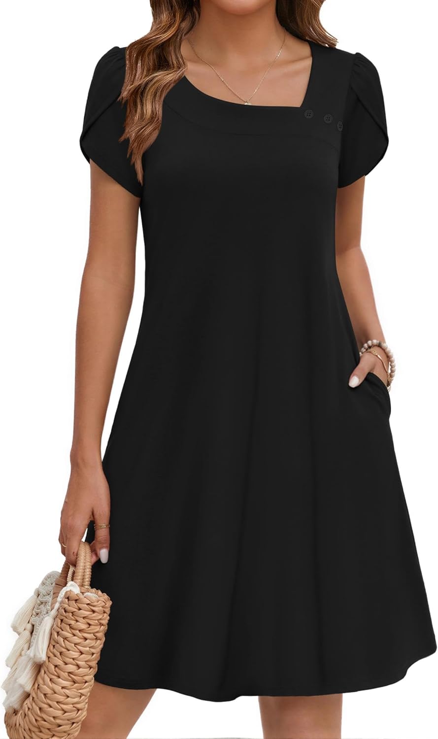 ZEAGOO Summer Dresses for Women 2026 Sundress Short Petal Sleeve Dress with Pockets Floral Dresses for Casual