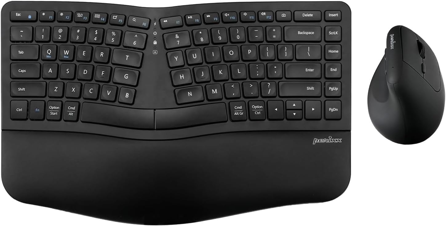 Perixx PERIDUO-606II 2-in-1 Wireless Compact Ergonomic Keyboard with Portable Vertical Mouse - Adjustable Palm Rest Stand - Quiet Keys & Clicks - US English