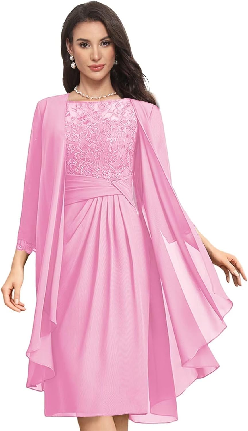 2 Piece Laces Applique Mother of Bride Dress with Jacket Classy Chiffon Knee Length Formal Evening Gowns