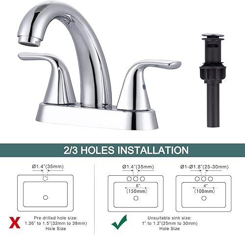 Miniatura 6 de Grifo de baño cromado de 4 pulgadas con 2 asas, diseño moderno, válvula de cerámica duradera, fácil instalación, 5 años de garantía