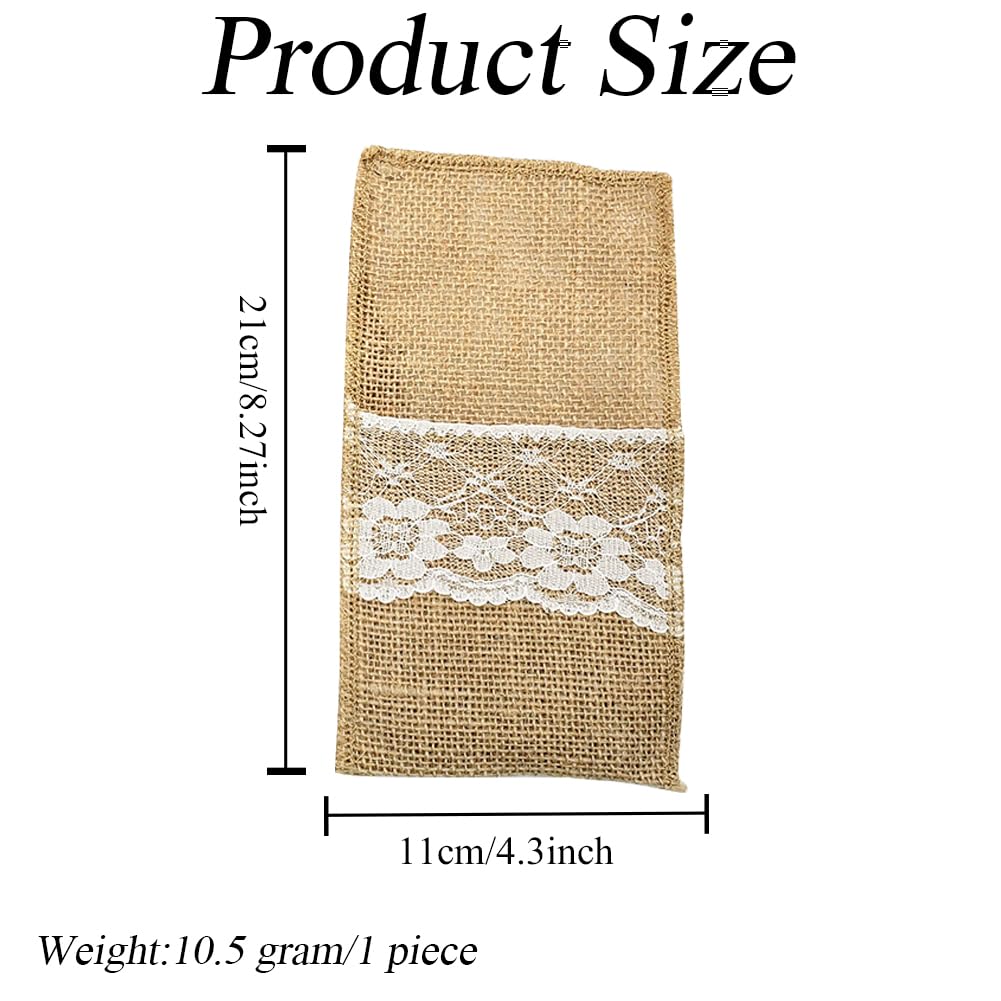 VASANA 10Pcs 11x21cm/4.3x8.27inch Burlap Utensil Tableware Holders with Lace Flower Silverware Holder Knifes Forks Bags Napkin Pouch Table Setting Decoration for Wedding Party - Image 2