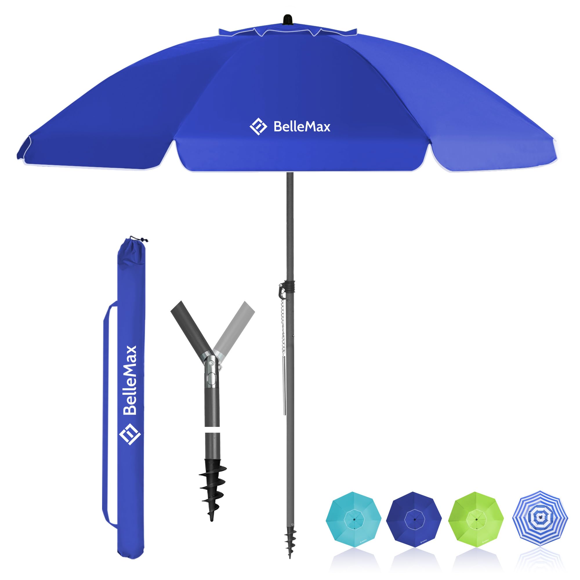 BelleMax Sonnenschirm Strand Windfest Stabil mit Bodenhülse & Schutzhülle 30° knickbar Sonnenschirm klein Rund Strandschirm Gartenschirm Marktschirm Sonnenschutz UV50+ Blau 180 cm
