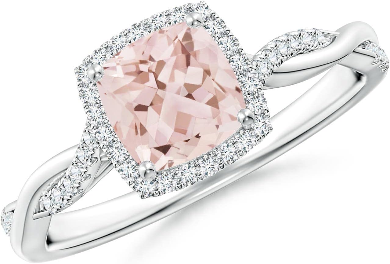 Angara Natural Morganite Engagement Ring for Women | Twisted Shank Cushion Morganite Halo Engagement Ring in Platinum | April Birthday, Gemstone Jewelry Gift | AAA | 6mm | Ring Size- 11