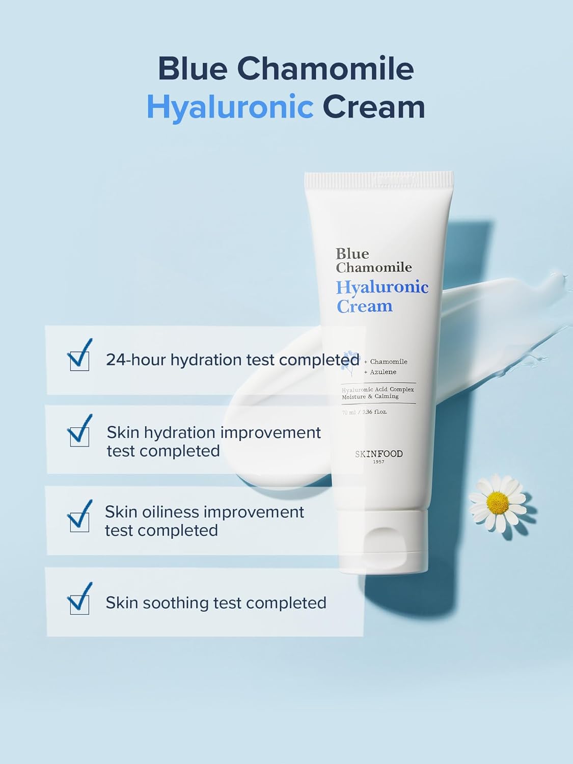 SKINFOOD Blue Chamomile Hyaluronic Cream, Vegan Moisturizer, 7-Layer Hyaluronic Acid Face Cream, Deep Hydrating & Soothing Water Cream, 70ml/2.36 fl.oz - Image 3