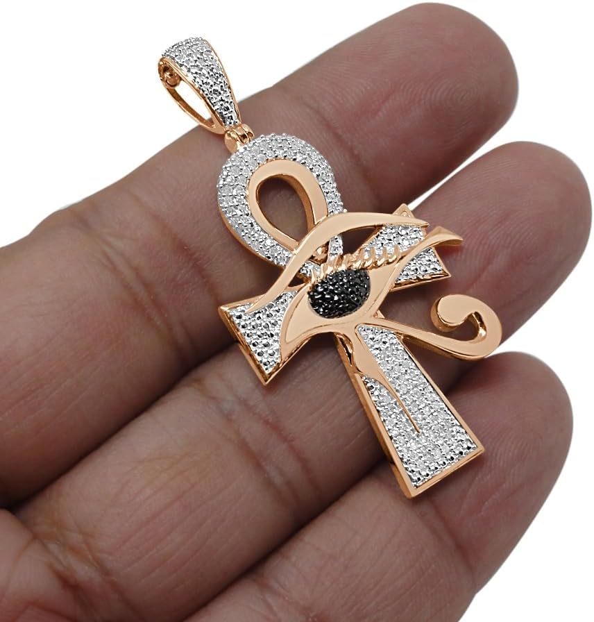 Real Genuine Authentic Natural Diamonds 0.40 Ctw. 14K Gold Finish Egyptian Ankh Cross Horus Evil Eye Pendant Charm Chain Neckless Set 2.00 Inch.