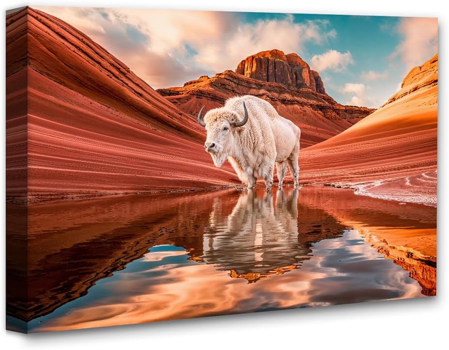 Rare White Buffalo Reflection Desert Landscape Photography 16x20 Stretched Canvas Poster - Surreal Wildlife Wall Art, Red Rock Southwest Print, Abstract Peaceful Nature with Native American Symbolism