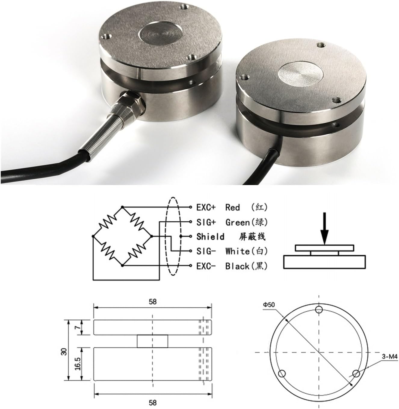 Load Cell Sensor + Indicator Display Test Compression Force Weight Pressure Sensor for Scale(0-300KG Indicator)