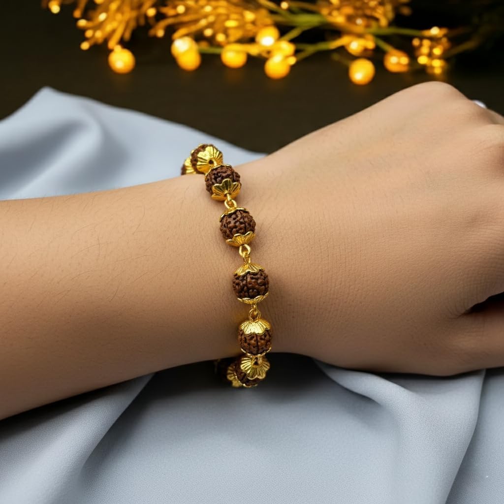 Combo Of Silver And Gold Plated 5 Mukhi Original Shiva Cap Rudraksha Chain Bracelet, Hindu Spiritual Jewellery