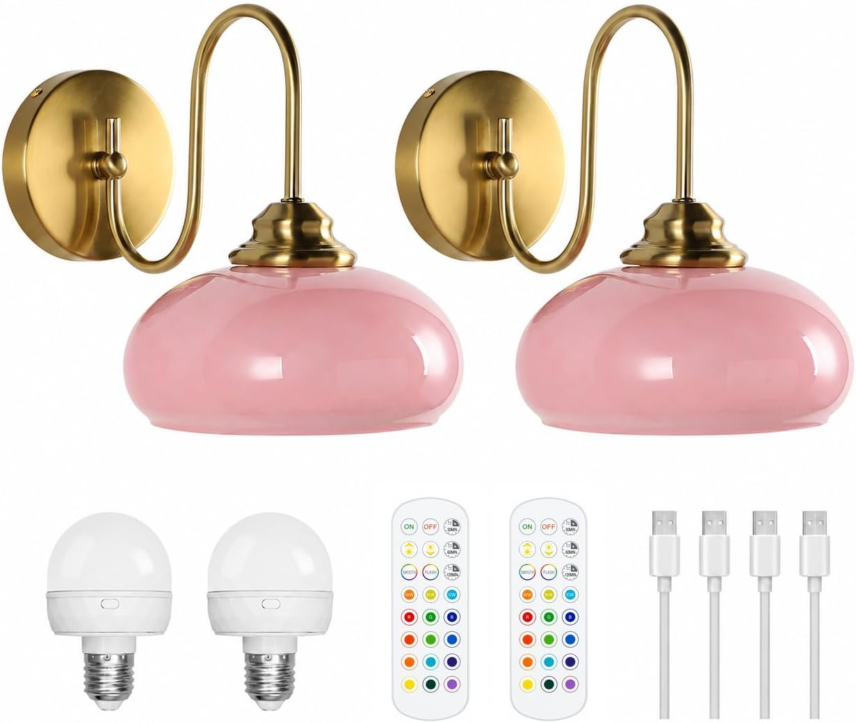 KCO Rechargeable Battery Operated Vintage Pink Glass Wall Sconces Set of 2