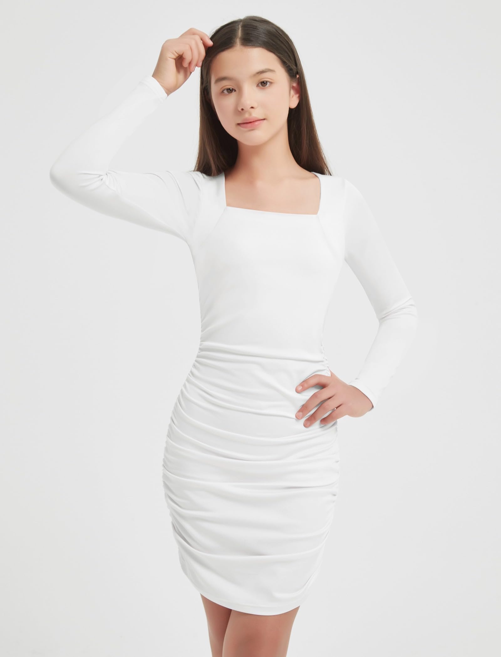 EXARUS Abito formale a maniche lunghe/spalline sottili per ragazze Teen Party Dance Tween Bodycon increspato Prom Aderente Abiti carini