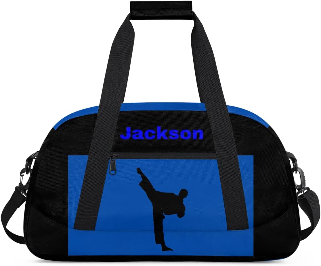 Bolsas de lona personalizadas para niños, adolescentes y niñas, bolsa de deporte personalizada, bolsa de viaje, bolsa de viaje, bolsa de noche para fin de semana, artes marciales Taekwondo, sección azul 23