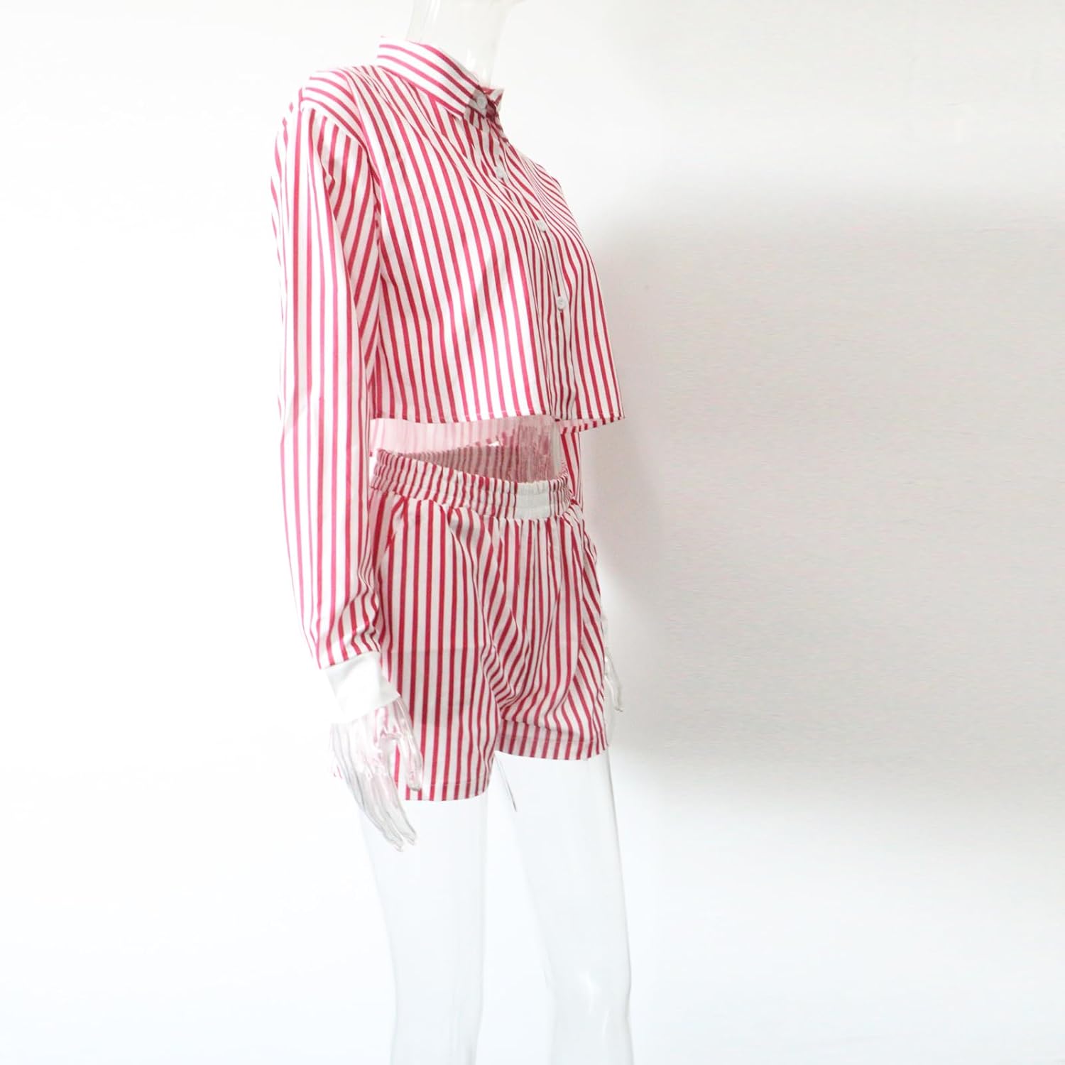 Striped Lounge Matching Set For Women Long Sleeve Shirt 2 Piece Pockets Shorts Sets Summer Outfits - Image 4