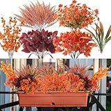 Artificial Flowers for Outdoors Mixed 14 Bundles Realistic Faux Plants Fake Shrubs Ferns Eucalyptus Maple Leaves Orchids for Boxwood Planter Patio Porch Outside Fall Thanksgiving Autumn Decoration