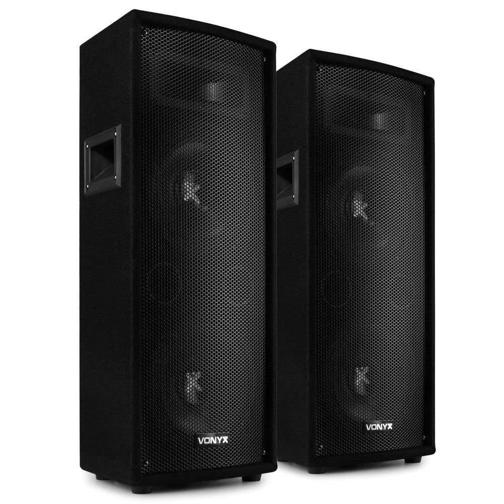 Vonyx SL28 - Set de 2 Altavoces pasivos 1600W con Doble woofer de 8", Bass Reflex, Asas, sombrerete para trípode y Conexiones Jack y Abrazadera, Ideal para Eventos, DJ y Sonido Profesional