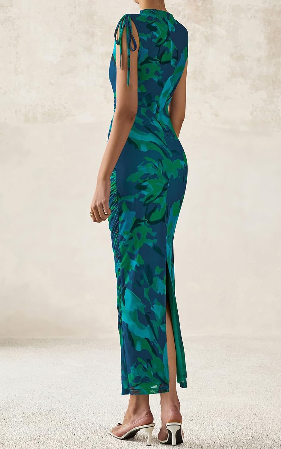 PRETTYGARDEN Women's Summer Maxi Floral Dresses Ruched Bodycon Sleeveless Mesh Formal Wedding Guest Cocktail Split Long Dress - Image 3