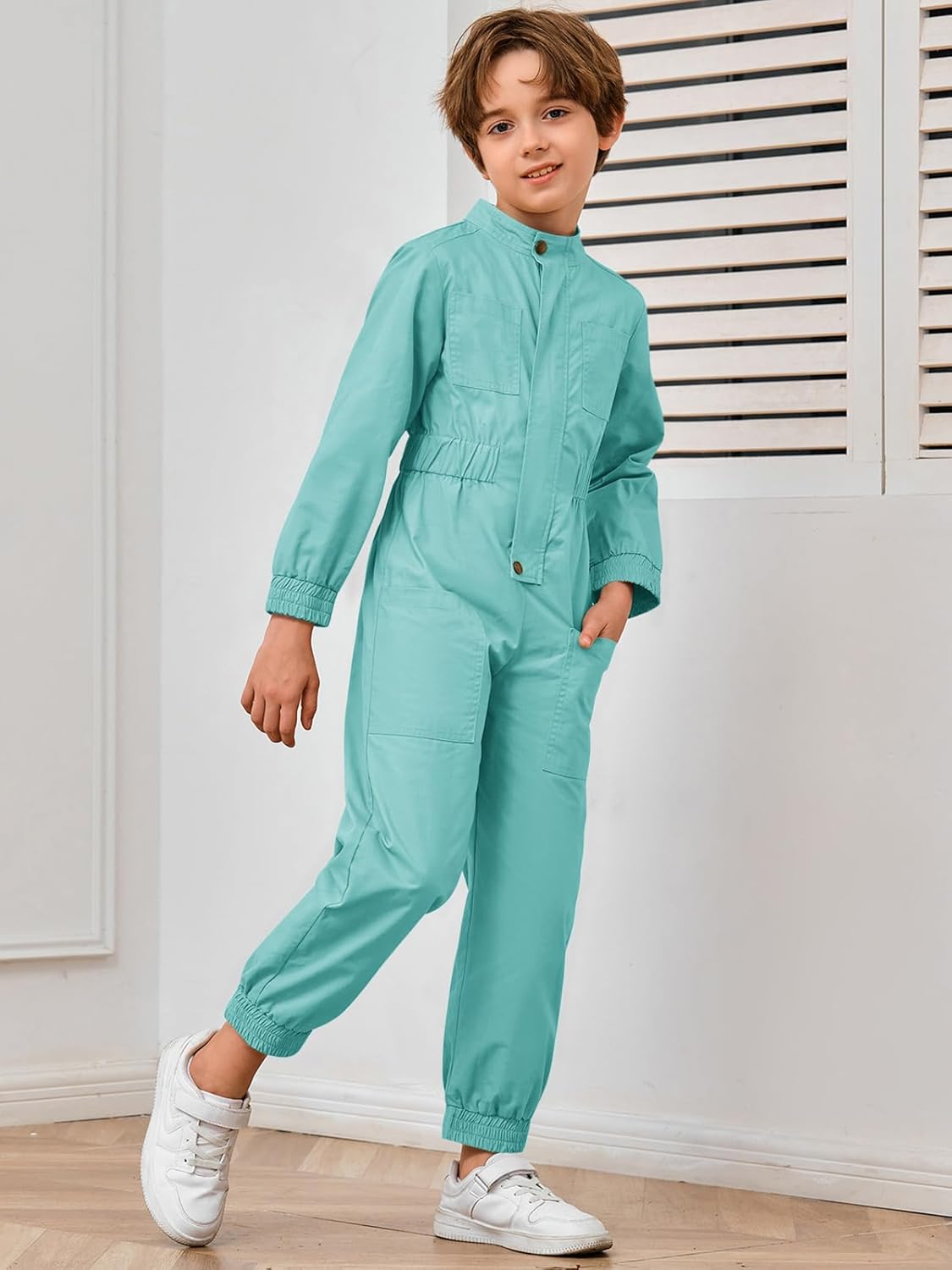 Haloumoning Kids Coveralls Boys Long Sleeve Jumpsuit Zip Up Flight Suit with Pockets 5-14 Years