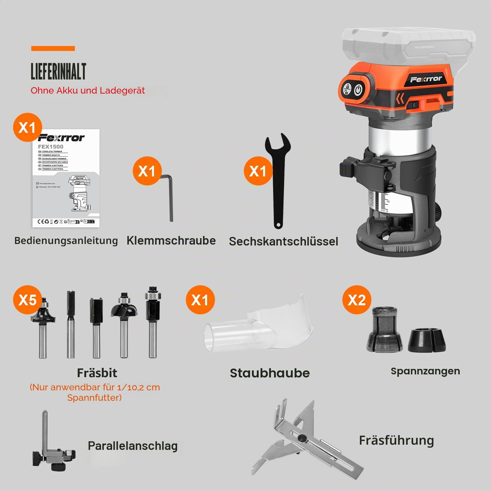 Akku Oberfräse für Makita 18V, Brushless Akku Kantenfräse mit 3 Spannzangen (1/4", 6 mm und 8 mm), 30.000 U/min, 5 Fräser (no Akku)