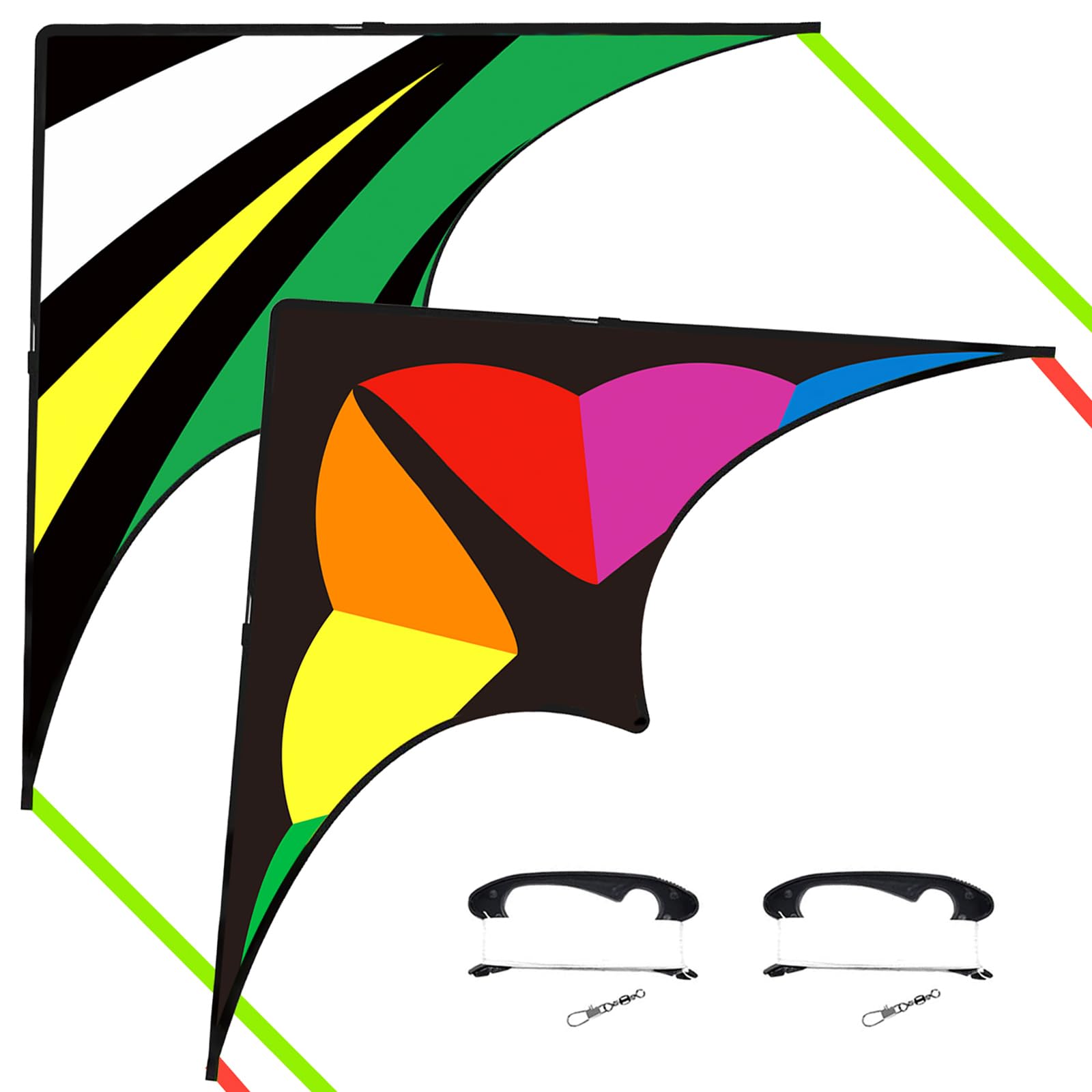 Flying Hoofer Large Beach Delta Kite for Adults and Kids Ages 4-8 & 8-12, Extremely Easy to Fly for Beginners(60X30''), Single Line Kite,Comes with 300 FT String Kite Handle.(Rainbow+Blackgreen)