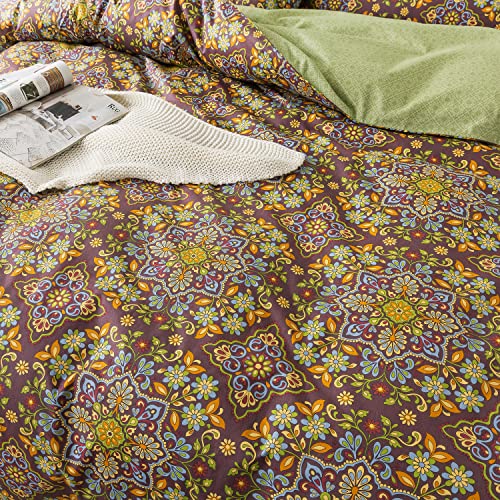 Fadfay Shabby Floral Duvet Cover Set Queen Vintage Paisley Bedding Luxurious Purple Green Bohemian Mandala Comforter Cover Boho 100% Cotton Soft Exotic Boho Quilt Cover With Hidden Zipper 3Pcs, Queen #TOP6