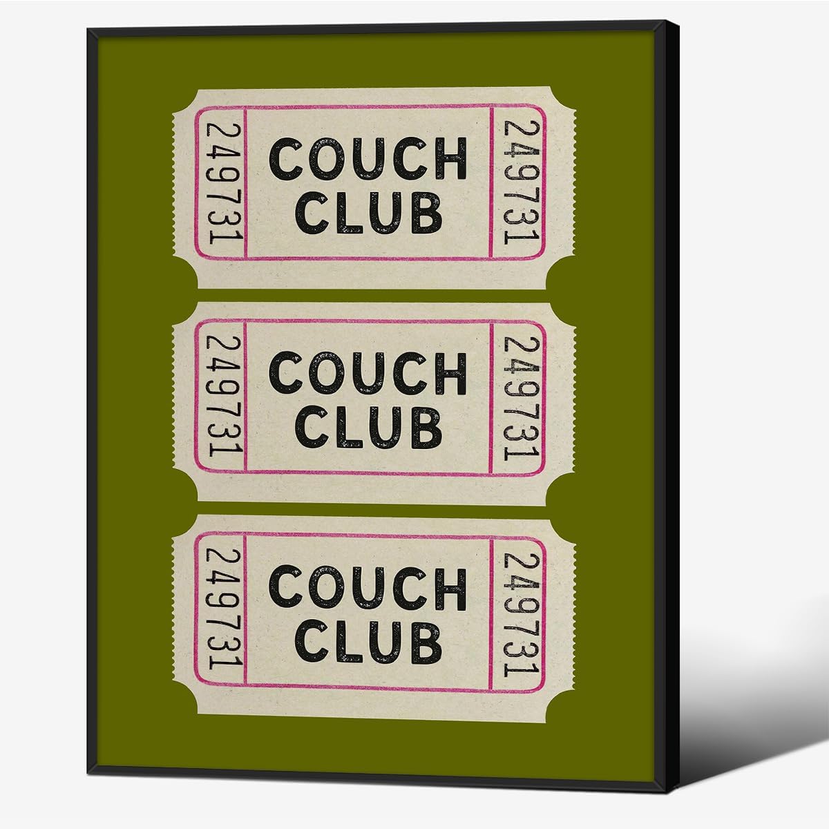 Couch Club Ticket Stub Wall Art Fashion Green Aesthetic Posters Preppy Minimalist Canvas Prints 12x16 inch Black Framed for Living Room Wall Decor