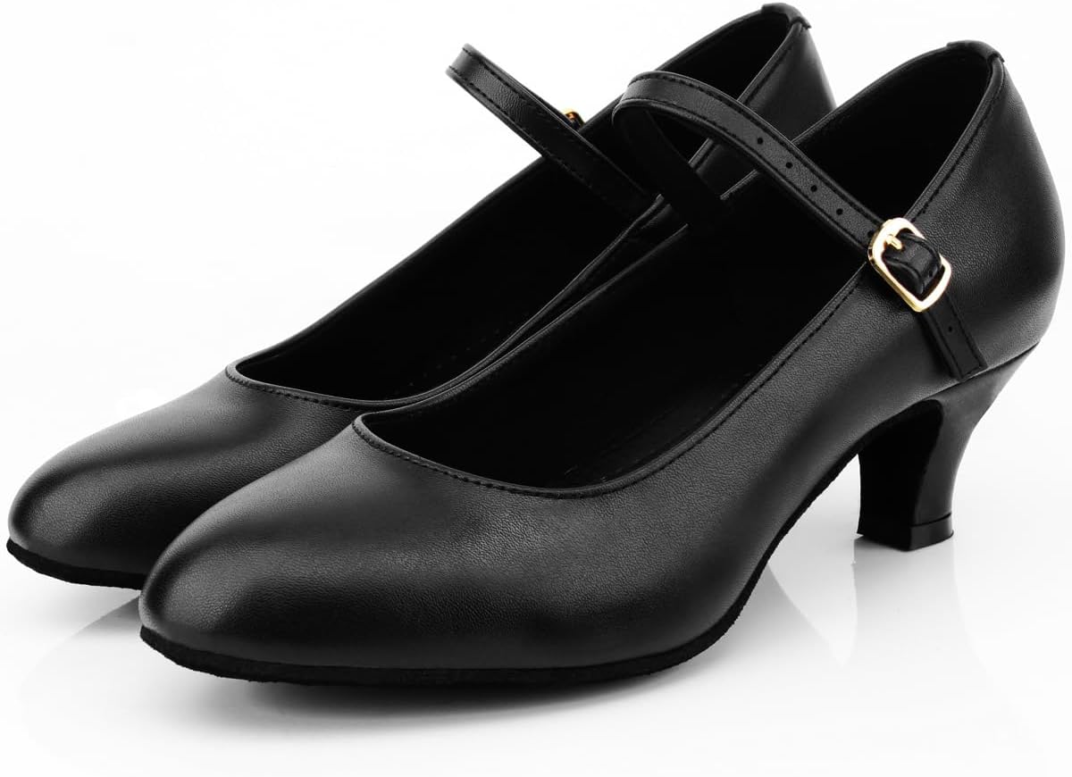 Keemi Women's Black Character Shoes Leather Ankle Strap Dance Heels Dance Shoes for Latin Salsa Tango,2.3"