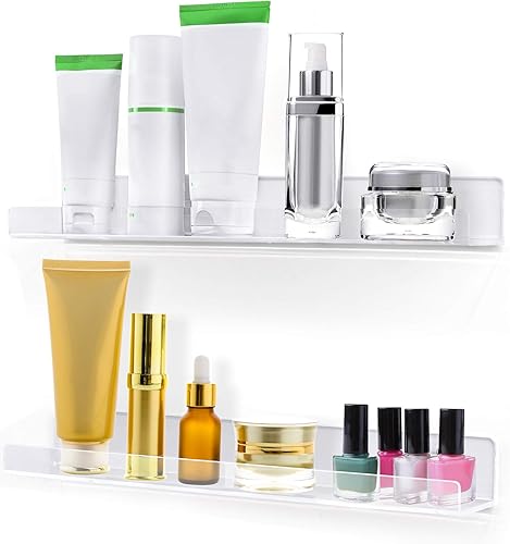 Miniatura 4 de Estilo Juego de 2 estantes flotantes de acrílico transparente montado en la pared para cosméticos, fotos, libros, 15 pulgadas