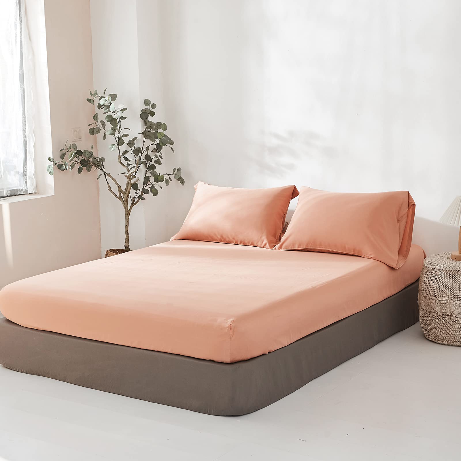 Simple&Opulence 100% Bamboo Viscose Fitted Sheet, 1 Piece Only Mattress Cover, 15 Inch Deep Pocket Comfy Bed Sheet(Pink-Orange,King)