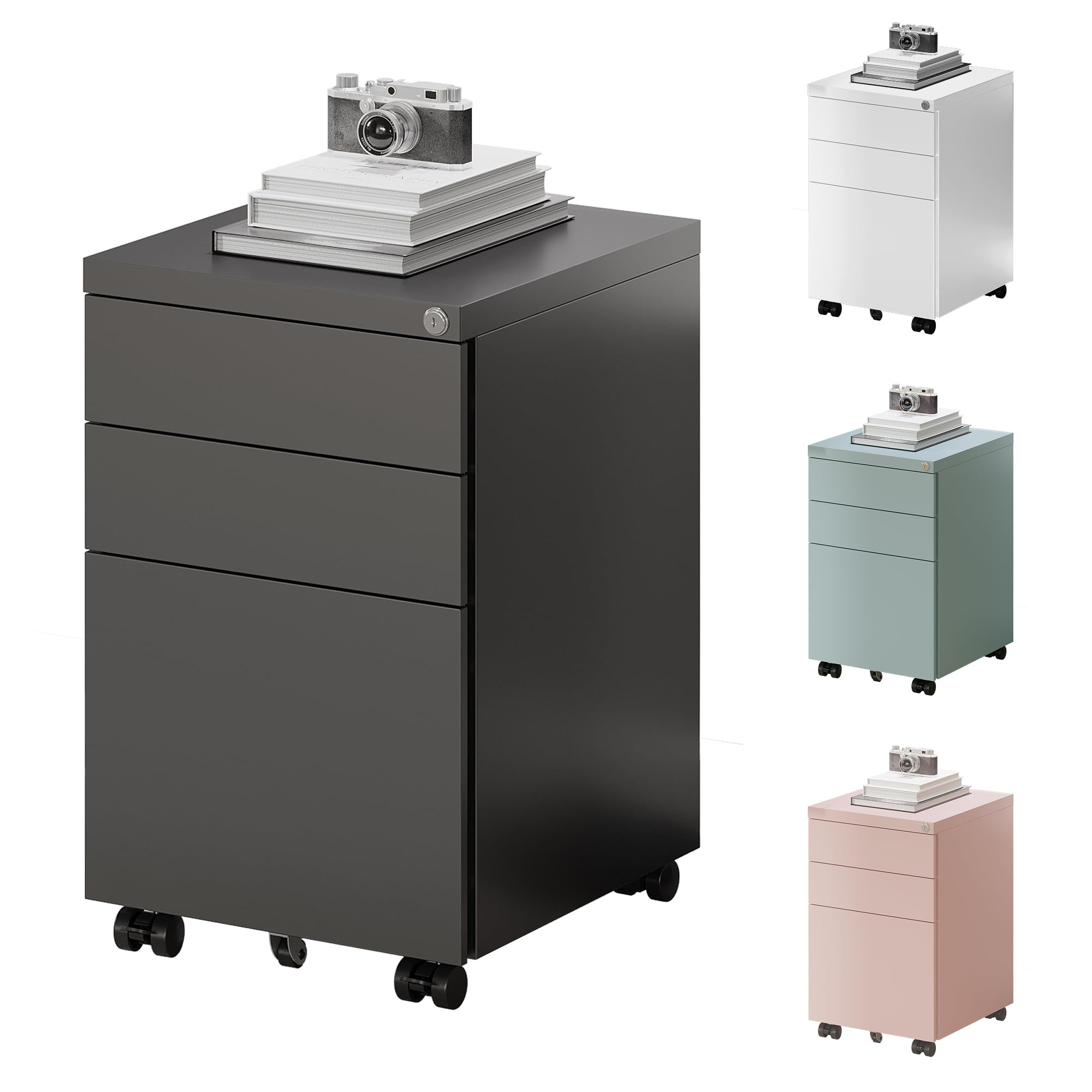 FLEXISPOT schedario con 3 cassetti, cassettiera da ufficio nera con ruote, armadietto con serratura e sistema anti-ribaltamento, mobiletto porta documenti per casa e ufficio