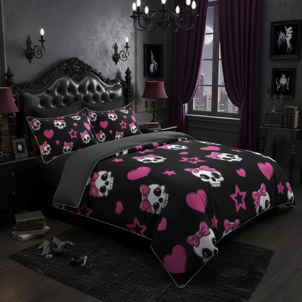 Castle Fairy Cartoon Skull Duvet Cover 100% Cotton Halloween Theme Cute Skeletons Duvet Cover Kids Teens Room Decor Pink Hearts Stars Bow Black Comforter Cover Twin Soft Bedspread,No Comforter