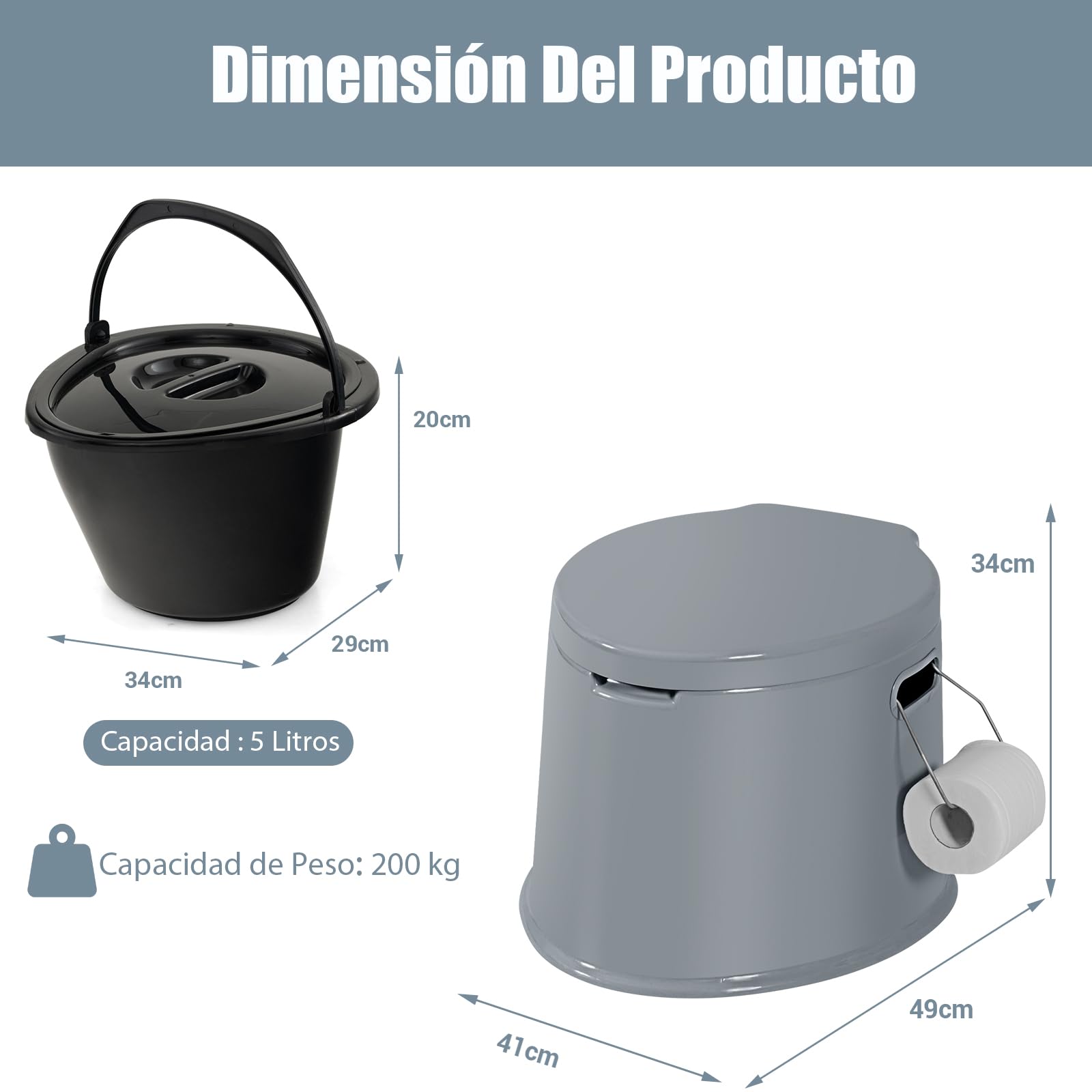 SOARS Inodoro Portátil con Tambor Interior Extraíble y Tapa, Carga 200KG(MAX), Inodoro Móvil de Camping con Soporte para Papel, 41 x 49 x 34 cm Vater Portatil para Senderismo Acampar Viajar