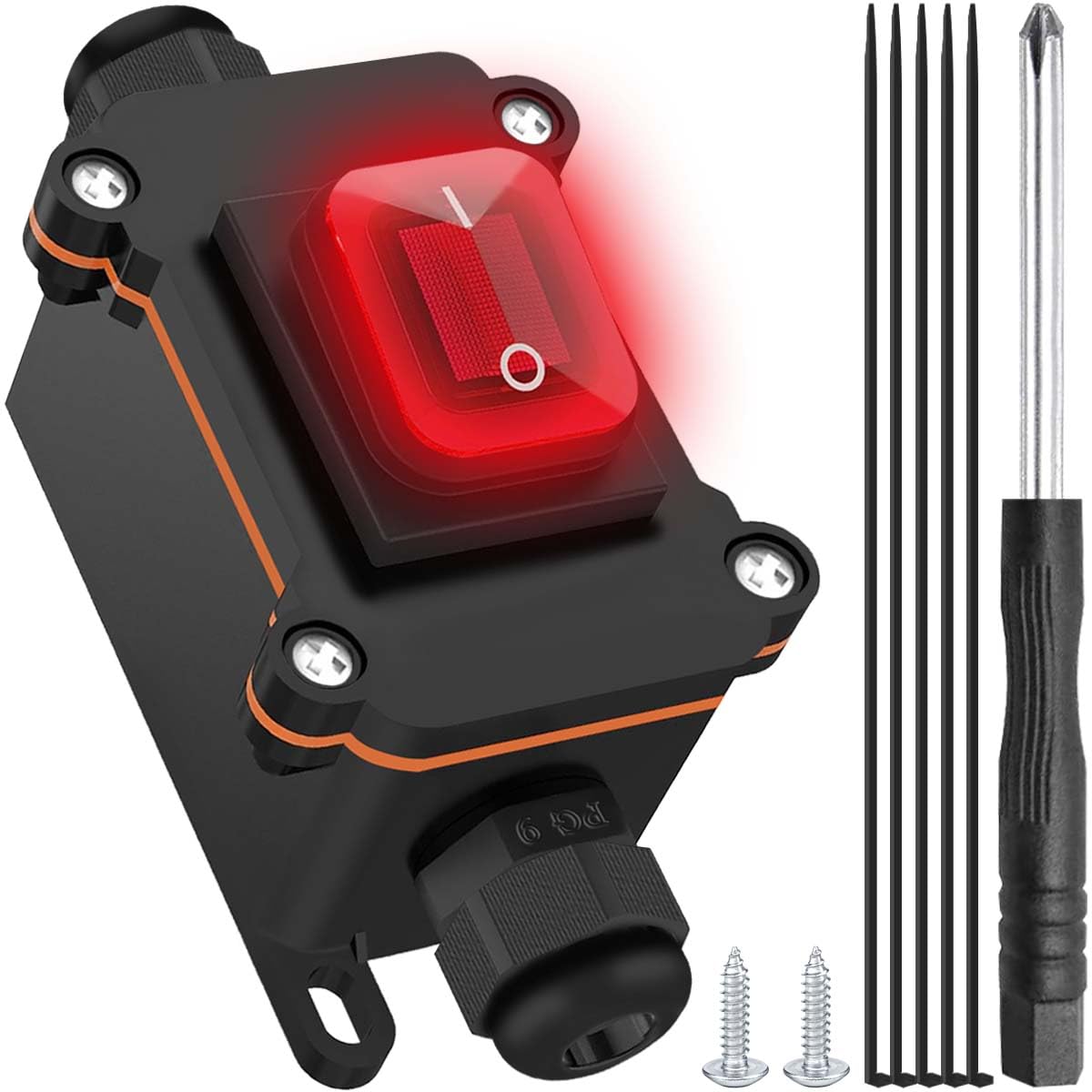 MKBKLLJY Inline Cord Switch IP66 Waterproof DC 12V 20A Outdoor ON/Off Toggle Switch 4 Pin 2 Position DPST with Red LED Rocker Button Screwdriver Two-Side Entry and Exit Line