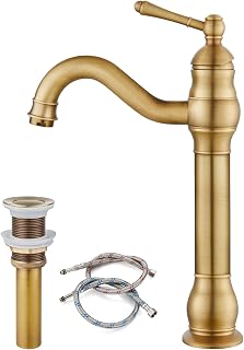 Vessel Sink Faucet Antique Brass Bathroom Single Handle Lavatory Vanity Mixer Bar Tap with Pop Up Drain Tall Spout Single Hole Deck Mount