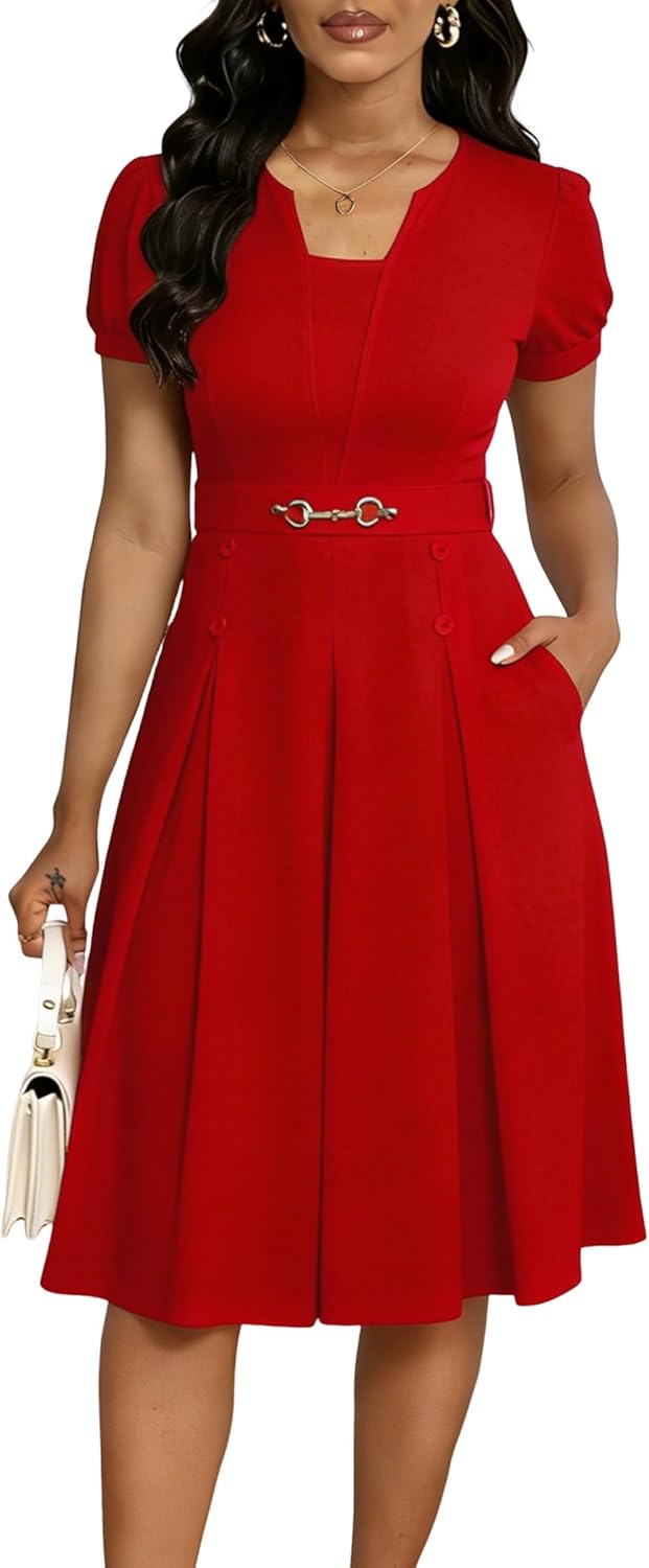 Elainone Short Sleeve Fit and Flare Dress for Women with Pockets A Line Casual Church Wedding Guest Semi Formal Work Dresses