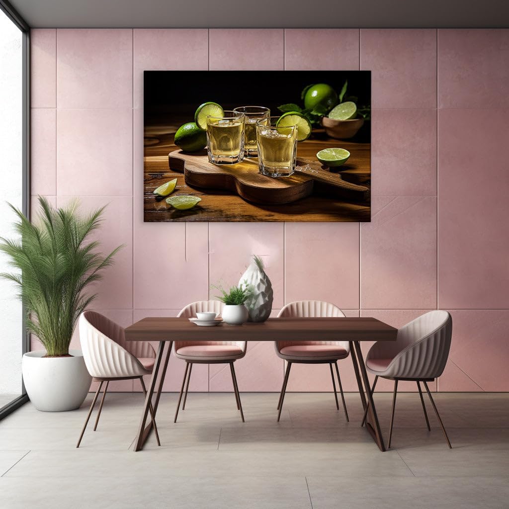 Canvas for Living room. Golden Elixirs And Citrus Twists: A Rustic Tequila Tasting Still Life, 27 x 18 inch Canvas Wall Art - Abstract Expressionist - Modern Home Decor