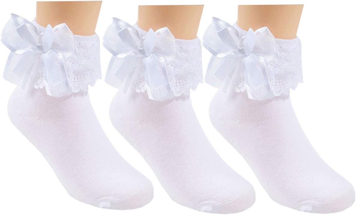 BAIYIXIN3 Pack Little Girls Cotton Lace Ruffle Princess Style Dress Socks(2T-12T)