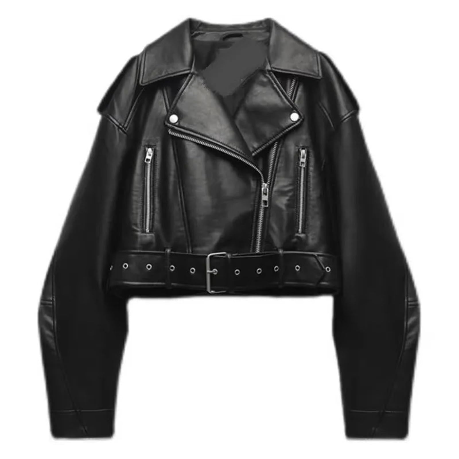 Chaqueta de cuero PU para mujer Chaqueta corta vintage holgada de piel sintética con cinturón for mujer, estilo urbano, cremallera, retro, for motociclista