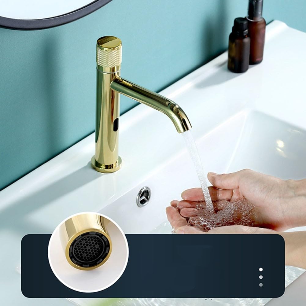Grifo de baño con sensor infrarrojo inteligente de acero inoxidable de grado 304 con apagado automático de 3 segundos, diseño de ahorro de agua, color dorado