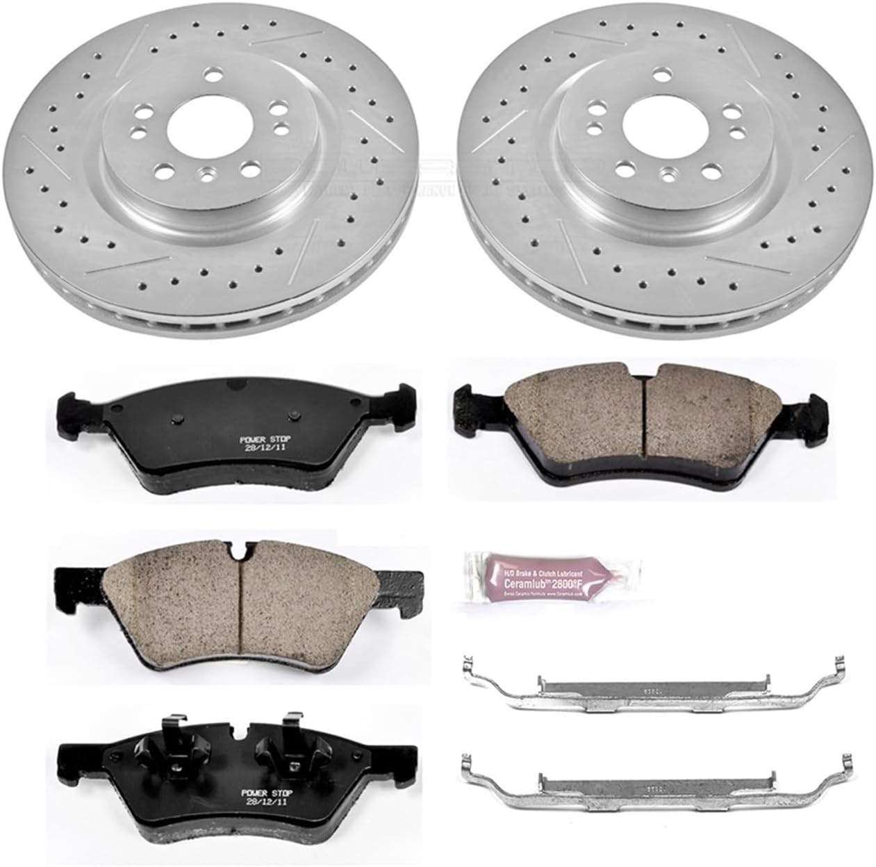 Power Stop K6709 Front Z23 Carbon Fiber Brake Pads with Drilled & Slotted Brake Rotors Kit and 1 Front Sensor Wire For ML320, ML350, ML450, ML500, R320, R350, R500 [Model Specific]