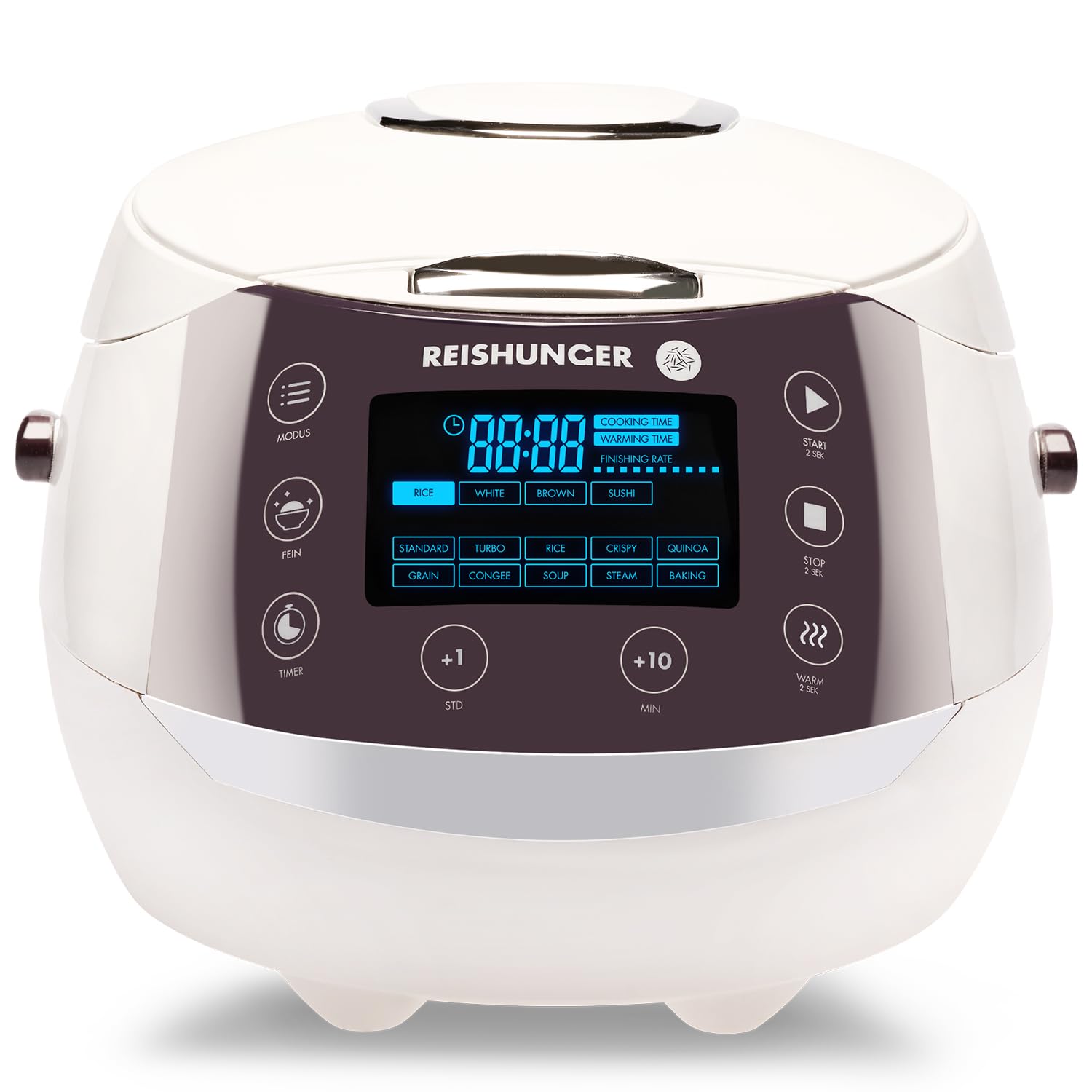 REISHUNGER Digitaler Reiskocher & Dampfgarer Weiß | 1,5 L bis 8 Personen | Warmhaltefunktion, Timer & Premium Innentopf | Multikocher, 12 Programme, 7-Phasen-Technologie