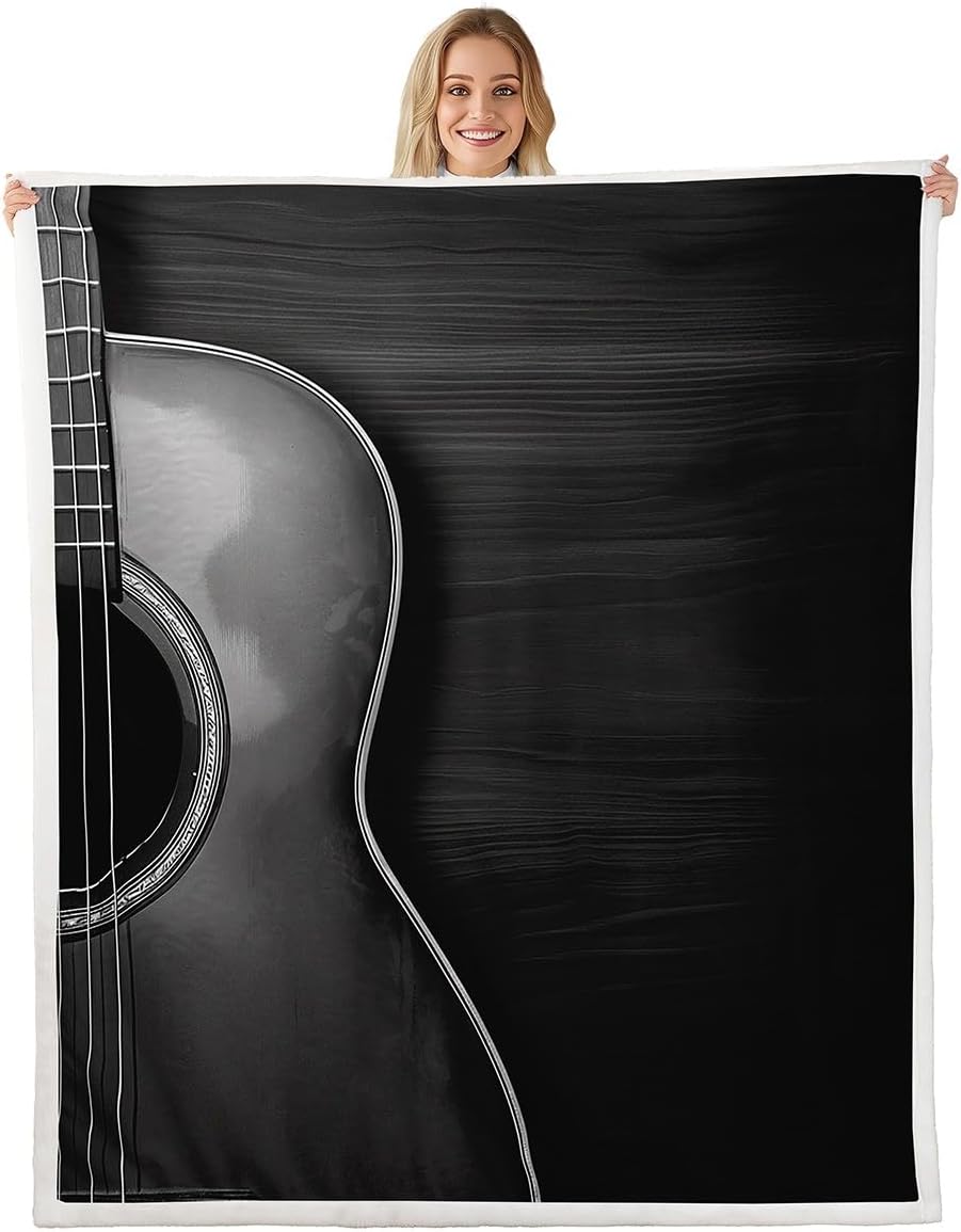 Guitar Sherpa Blanket Music Folk Pop Guitar Fleece Throw Blanket Adults Classical Instrument Plush Blanket Lightweight Fuzzy Blanket for Sofa Bed Couch,Black,Throw 50x60 Inch