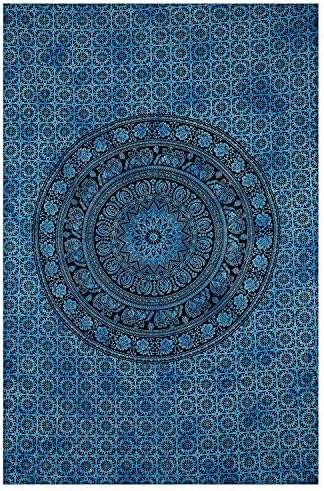 Marubhumi Indian Tapestry Wall hangings Blue Dye Hippie Mandala Tapestry Wall Art Collage Dorm Beach Throw Bohemian Tapestry Wall Decor Boho Bedspread, Twin (85x55 inch, Blue Dye)