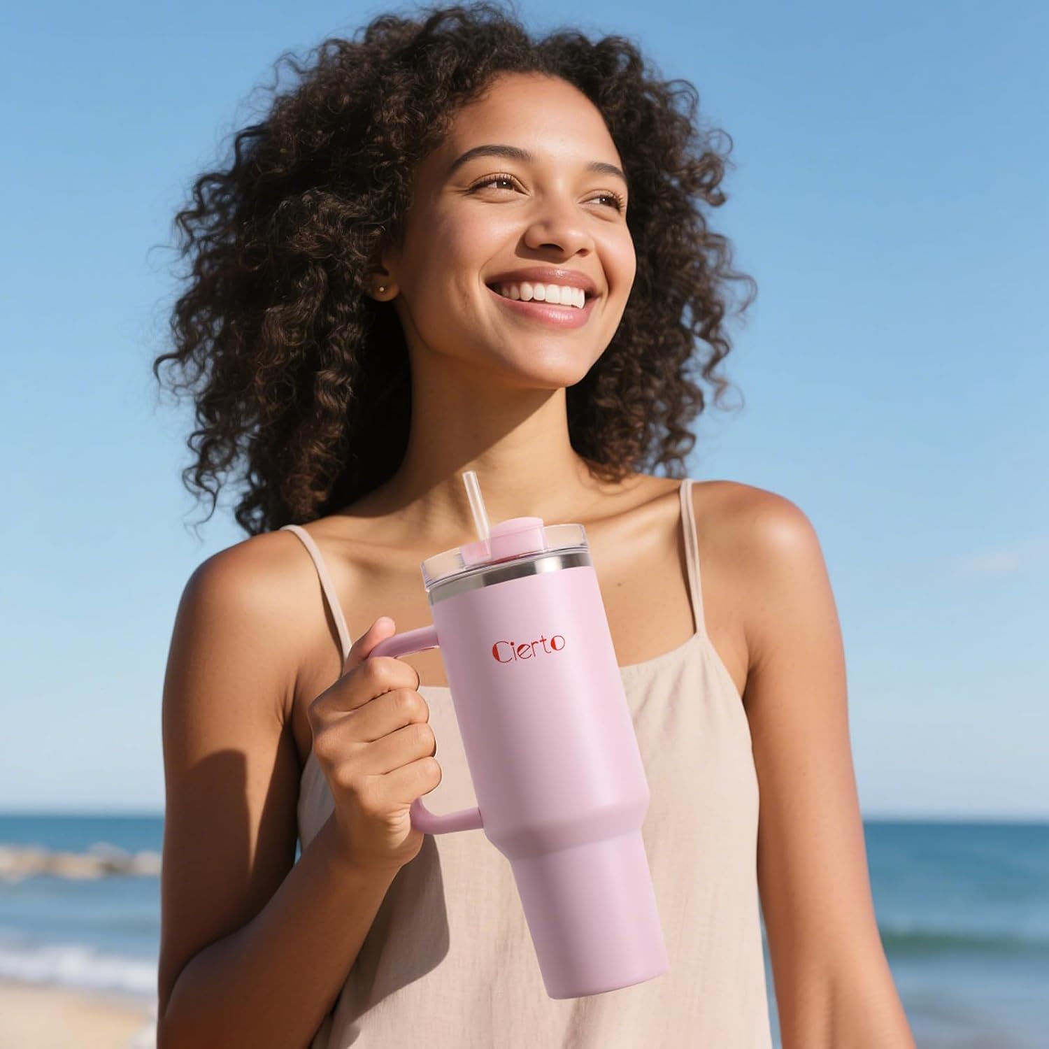 Cierto 40 oz Tumbler with Handle - 3-in-1 Lid & Straw, Double Wall Vacuum Insulated Keeps Drinks Hot/Cold All Day, Car Cup Holder Friendly Stainless Steel Travel Mug, Gift for Women Men Teens (Pink) - Image 6