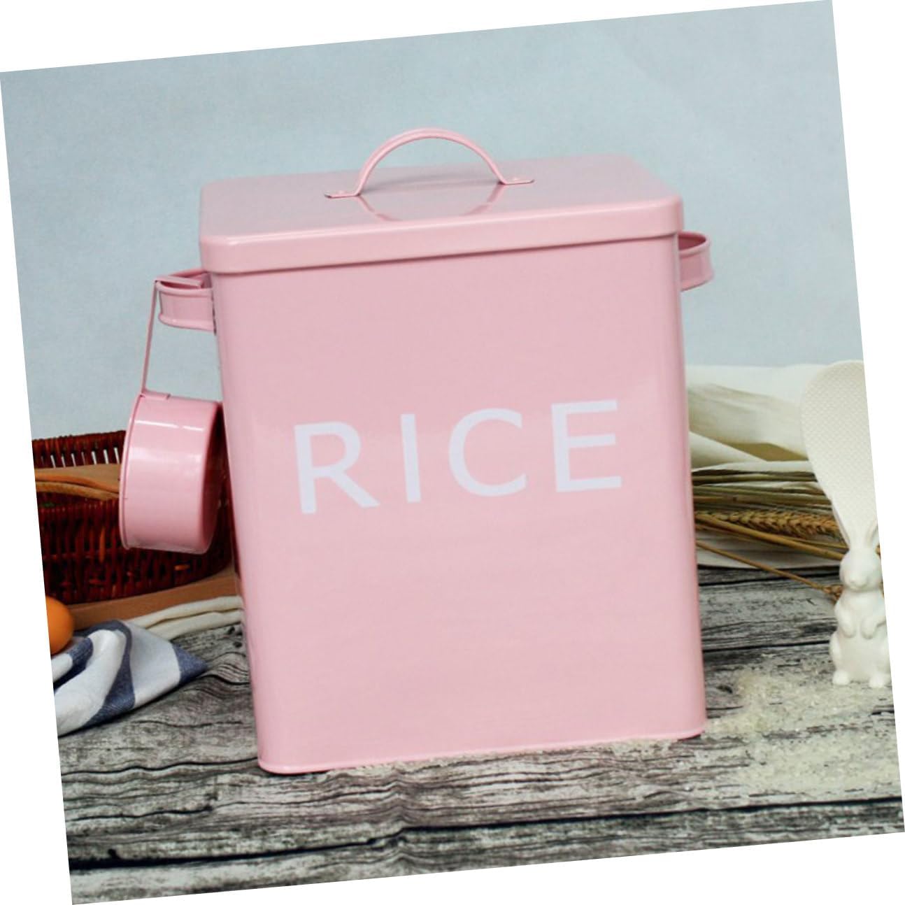 Pet Food Storage Barrel with Lid, Iron Sealing Rice Bin with Measuring Cup, Moisture-proof Dog and Cat Food Container for Home Kitchen Use, Pink