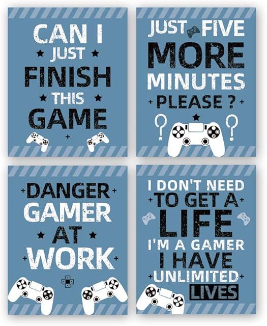 KAIRNE Gaming Art Print, Funny Video Game Canvas Paintings Poster, Sef of 4 (8X10,Unframed) Gamer Wall Art, Game Room Decor For Boys