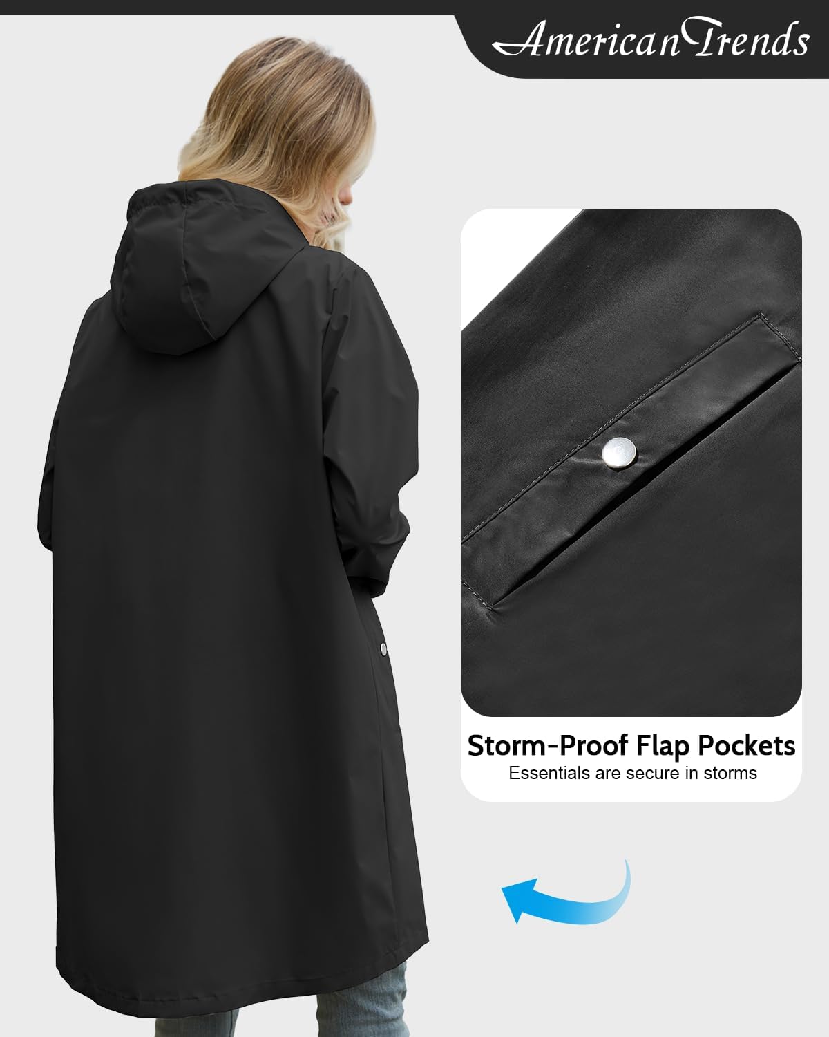 American Trends Packable Waterproof Rain Jacket Women with Hood Raincoat Windbreaker Long Hooded Trench Coats S-2XL Available - Image 4