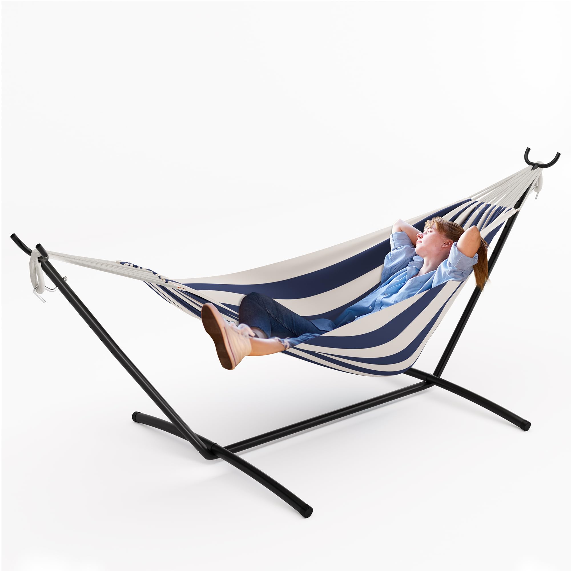 Garvee Hamac Double Robuste pour 2 Personnes avec Support en Acier – Lit brésilien en Coton – Capacité 450 LB – Portable avec Sac de Transport – Idéal Jardin, Camping, terrasse – Rayé Bleu et Blanc