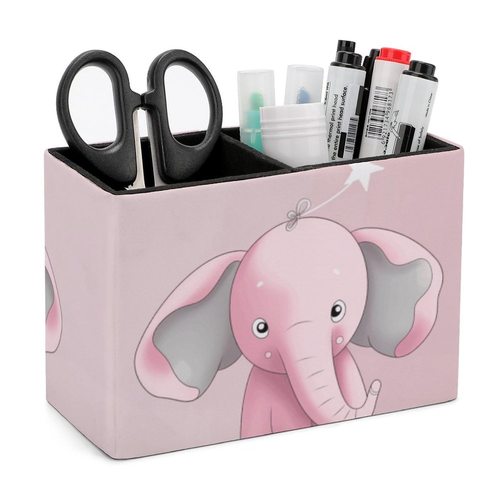 LZQPOEAS Exquisite Patterns PU Leather Pen Holder, Multifunctional Desktop Organizer Caddy with 2 Compartments, Pink Elephant Pencil Cup Makeup Brush Holder for Office Home