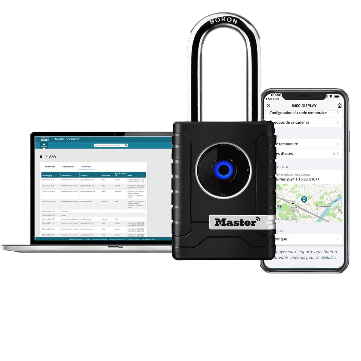 Master Lock 4401EURLHEC Cadenas Bluetooth connecté pour un usage privé ou professionnel, Etanche, Anse Longue Noir