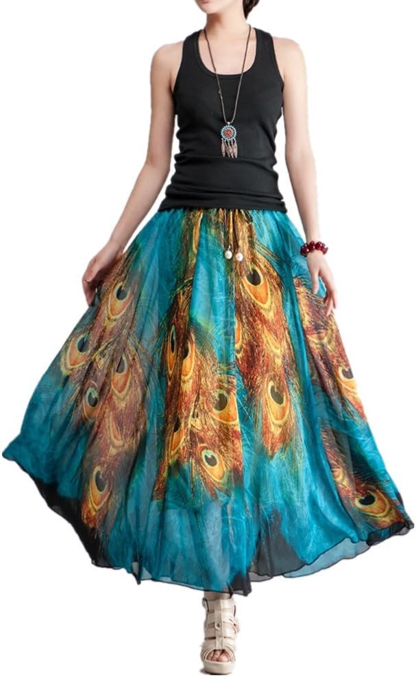 Women's Bohemian Summer Pleated Peacock Chiffon Skirt Maxi Skirt Beach Skirt
